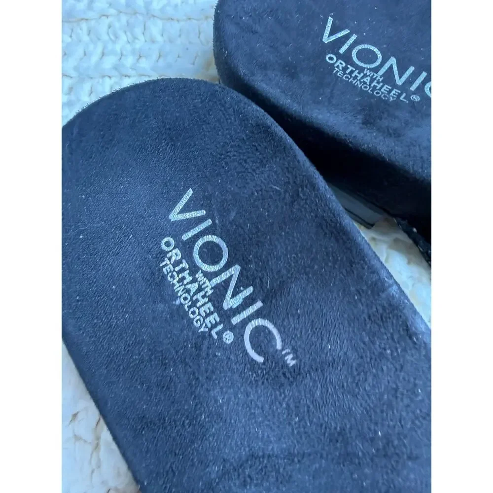 VIONIC ORTHAHEEL Women's 10 Minimal Flip Flop Strappy Sandal Shoes Black Suede